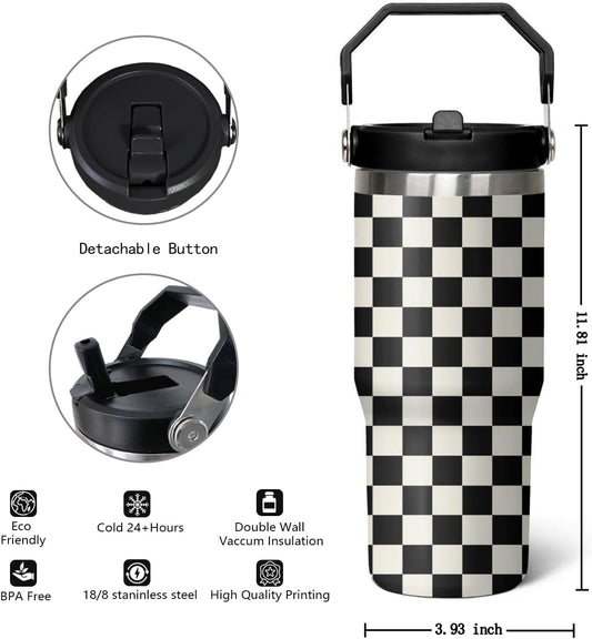 30 Oz Black and white Checkered FlipTumbler with Handle Lid and Straw, Checkered Tumbler Water Bottle Travel Coffee Cup Mug,Checkered Gifts for Women Men