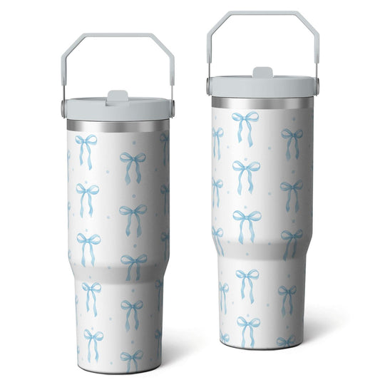 1pc Blue bow 30oz Tumbler with Straw & Handle - Insulated Stainless Steel Cup | Holiday Gift for Man Women (Christmas, Valentine's, Birthday)