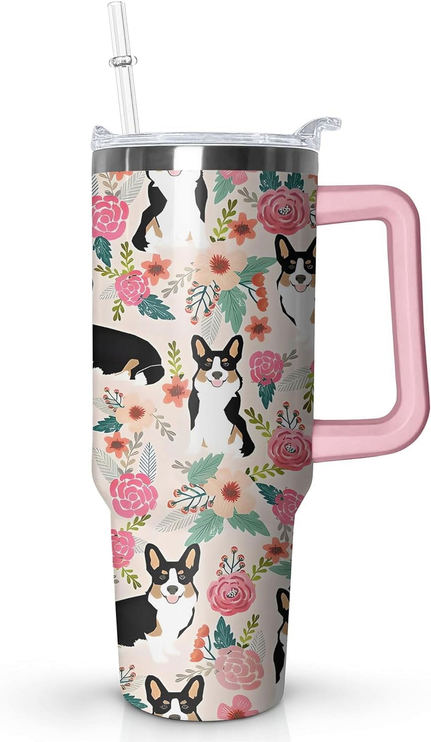 40 oz Cute Strawberry Cow Tumbler with Handle and Straw, Stainless Steel Insulated Cup with Lid and Straw, Travel Mug Water Bottle, Gifts for Women