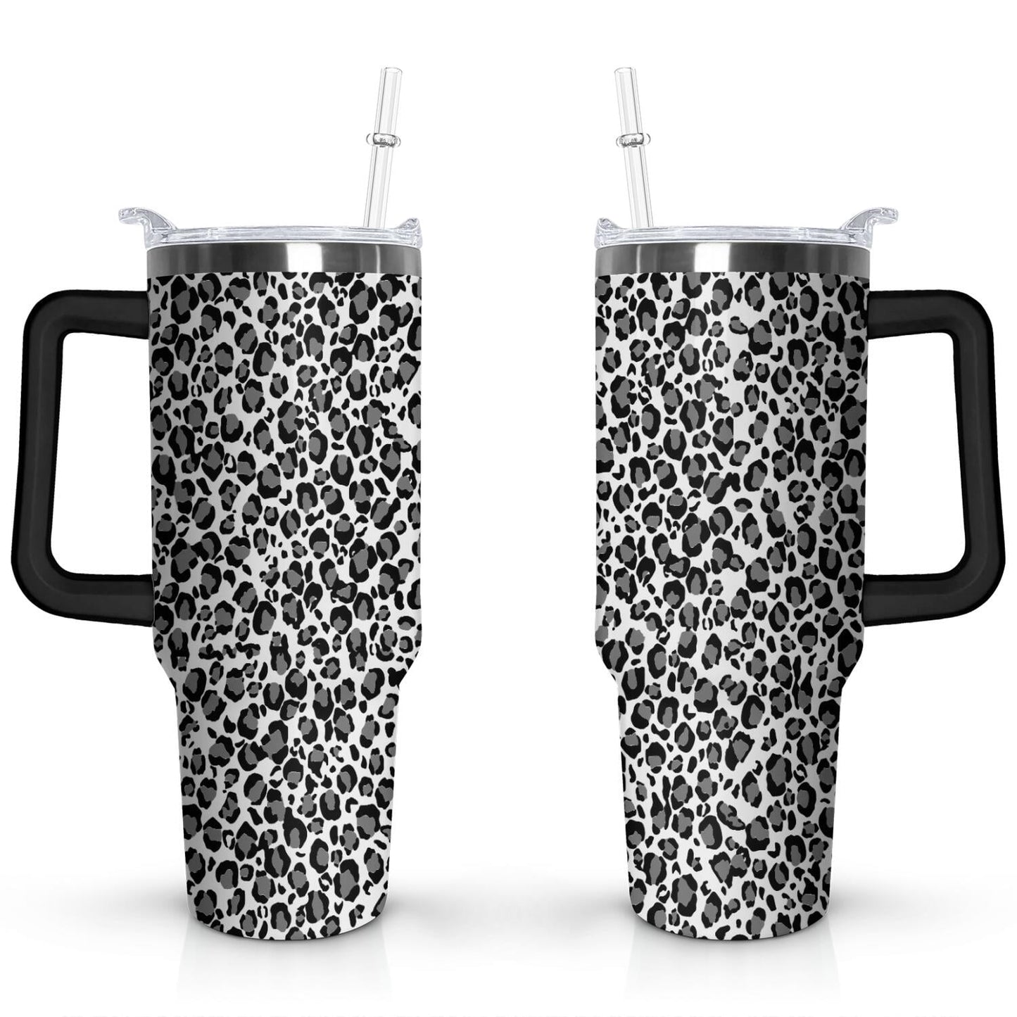 40oz Fashion Leopard Pattern Stainless Steel Flip Straw Tumbler Spill Proof Travel Cup Double Wall Vacuum Insulated Coffee Mug with Top Handle