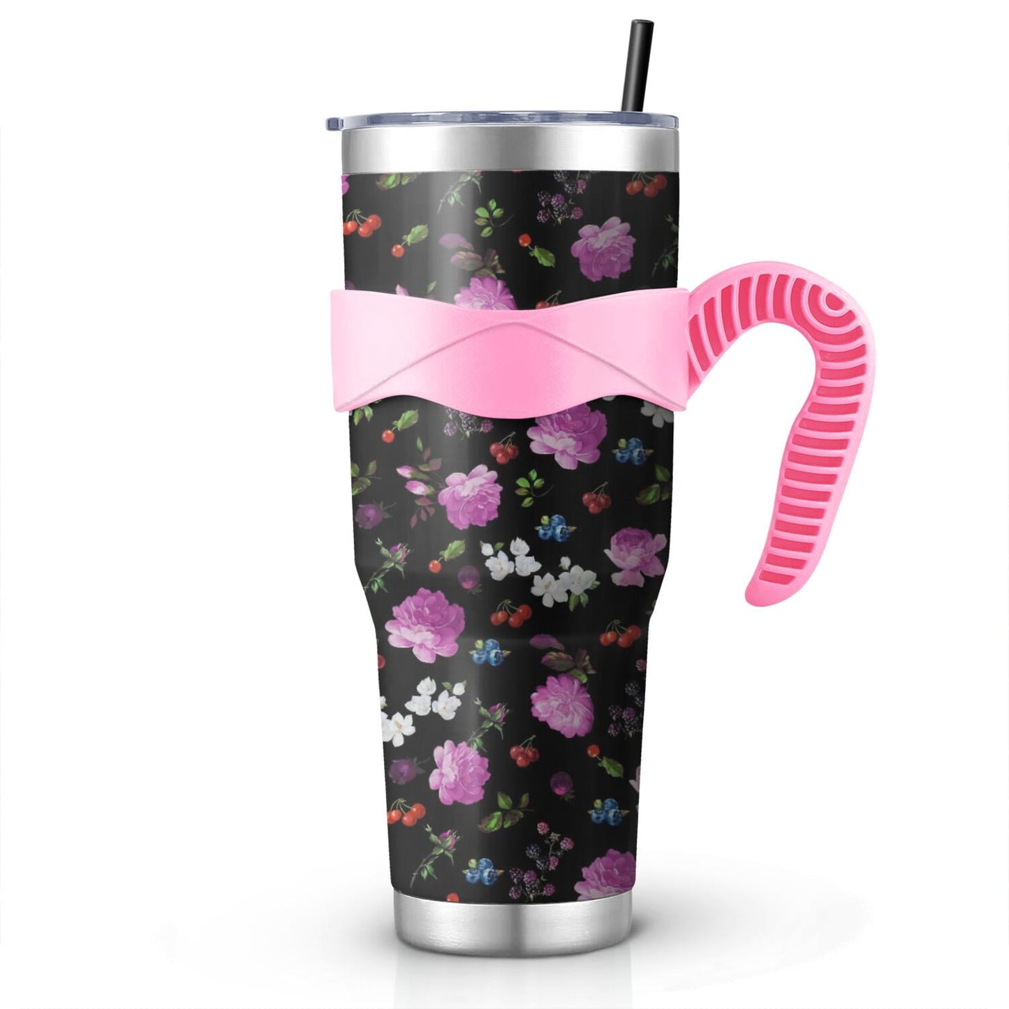 40 Oz Pioneer Tumbler with Handle and Silicone Straws,Colorful Floral Double Wall Vacuum Insulated Stainless Steel Travel Mug Leak-Proof Coffee Cup on Screw Lid and Straw Pink