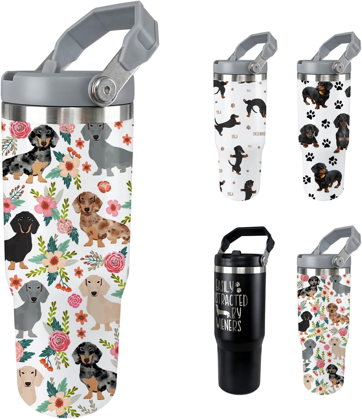 Dachshund Dog Tumbler with Lid and Straw 30 Oz Weenie Dog Tumbler Insulated Weiner Dog Water Bottle Cup with Handle Weiner Dog Gifts for Women Men