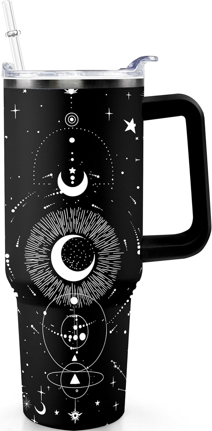 40oz Goth Gothic Tumbler with Handle and Straw, Stainless Steel Vacuum Insulated Flip Straw Butterfly Moon Tumbler, Spill Proof Travel Mug, Witch Decor Gifts for Women