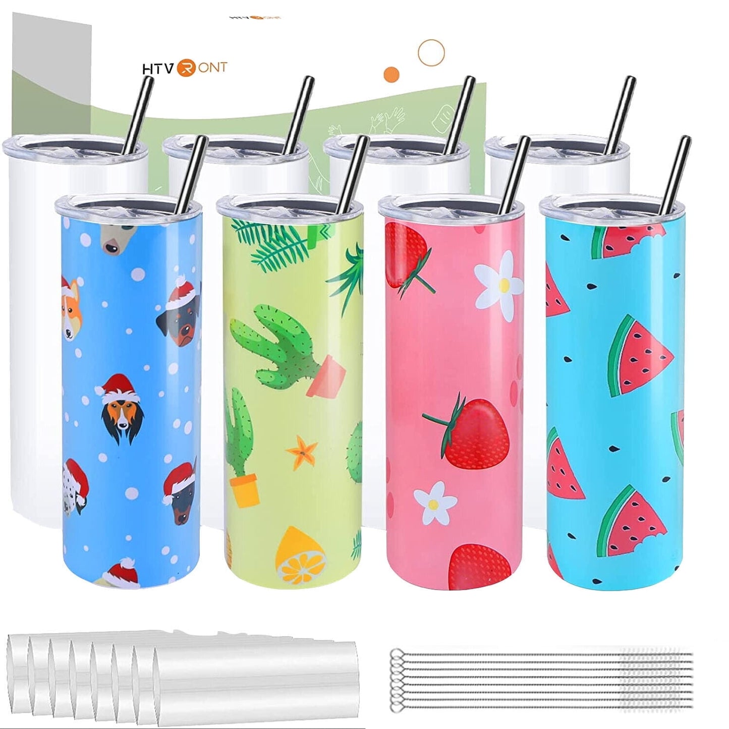 HTVRONT 4 Pack Sublimation Blanks Tumblers 20 OZ Skinny Stainless Steel Mugs with Box, Paper and Straw