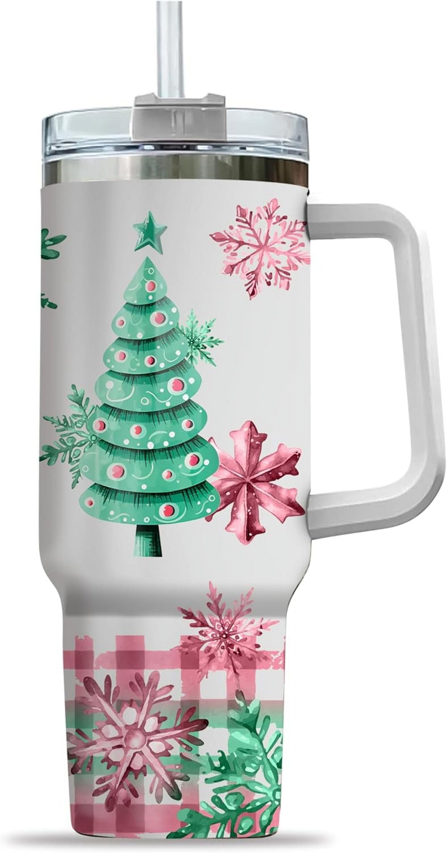 Pink Christmas Tree Cakes Stainless Steel Tumbler 40Oz With Handle Insulated Tumbler Holiday Coffee Travel Mug for Tea, Latte, Hot Chocolate Seasonal Xmas Gifts for Women Men Coworker or Friends