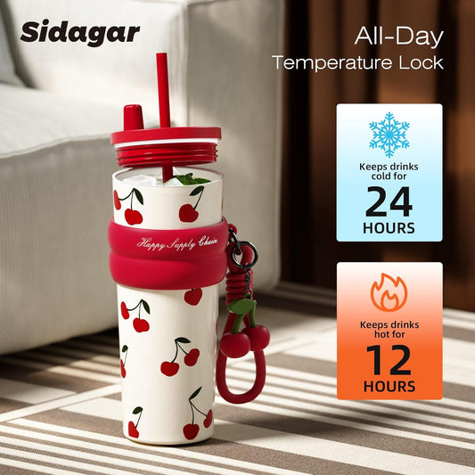 Sidagar 24 oz Stainless Steel Vacuum Insulated Coffee Travel Tumbler with Straw Lid, Red Cherry