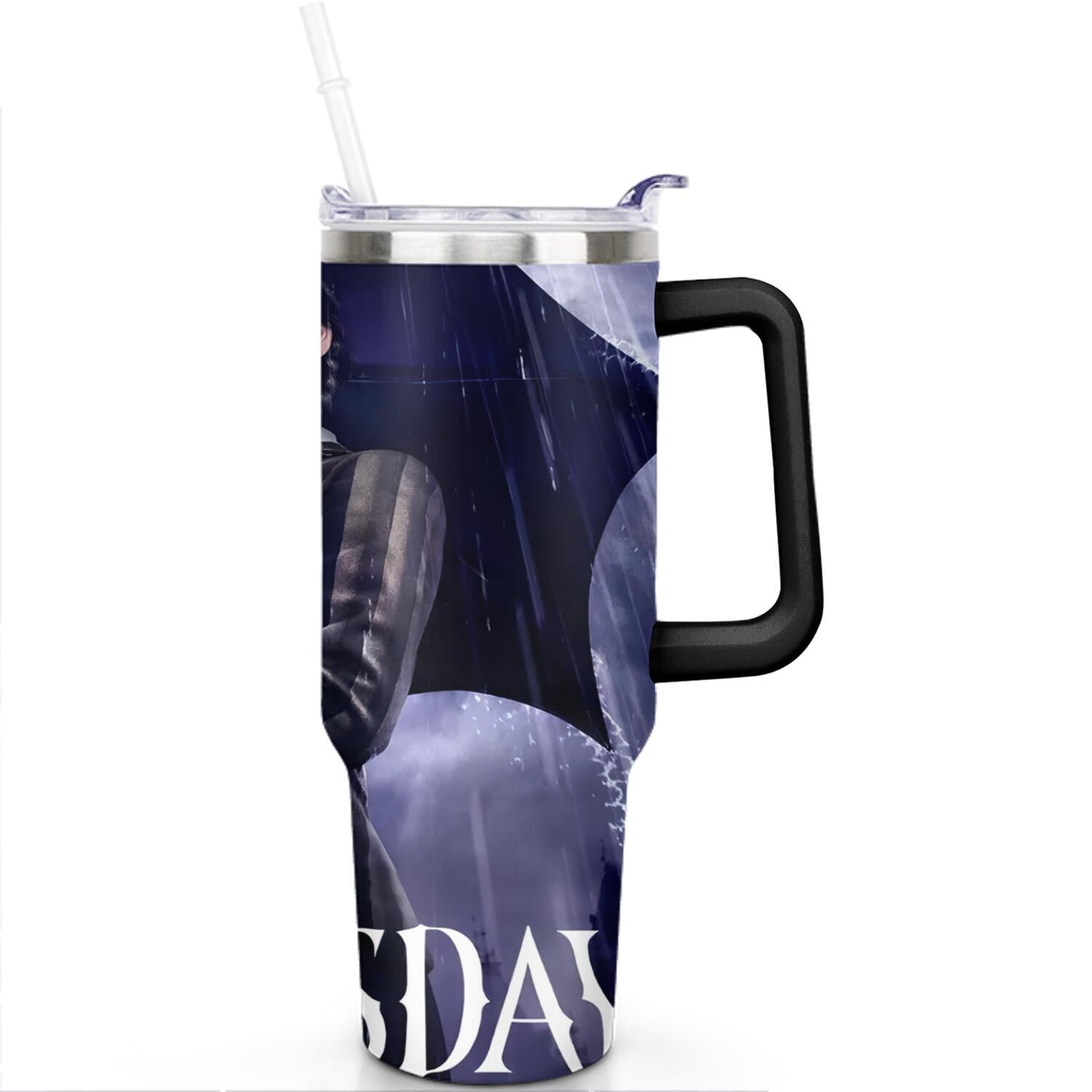 40oz Wednesday Girl Stainless Steel Tumbler with Lid and Straw,Wednesday Stuff Merchandise Spill Proof Travel Cup Double Wall Vacuum Insulated Coffee Mug with Handle Black