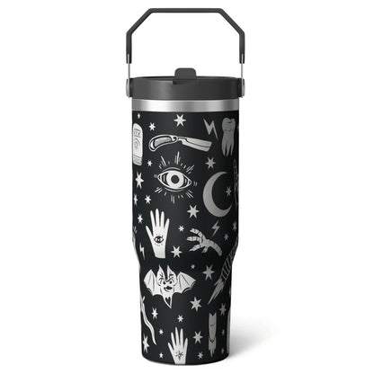 1pc Halloween Skull 30oz Tumbler with Straw & Handle - Insulated Stainless Steel Cup | Holiday Gift for Man Women (Christmas, Valentine's, Birthday)