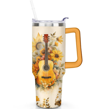 1pc Sunflower 40oz Tumbler with Straw & Handle - Insulated Stainless Steel Cup | Holiday Gift for Man Women (Christmas, Valentine's, Birthday)