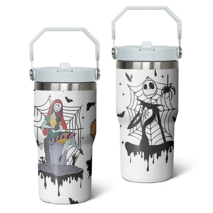 20oz Halloween Nightmare Before Stainless Steel Tumbler with Lid and Straw,Spill Proof Christmas Jack Skeleton Travel Cup Double Wall Vacuum Insulated Coffee Mug with Top Handle Light-purple