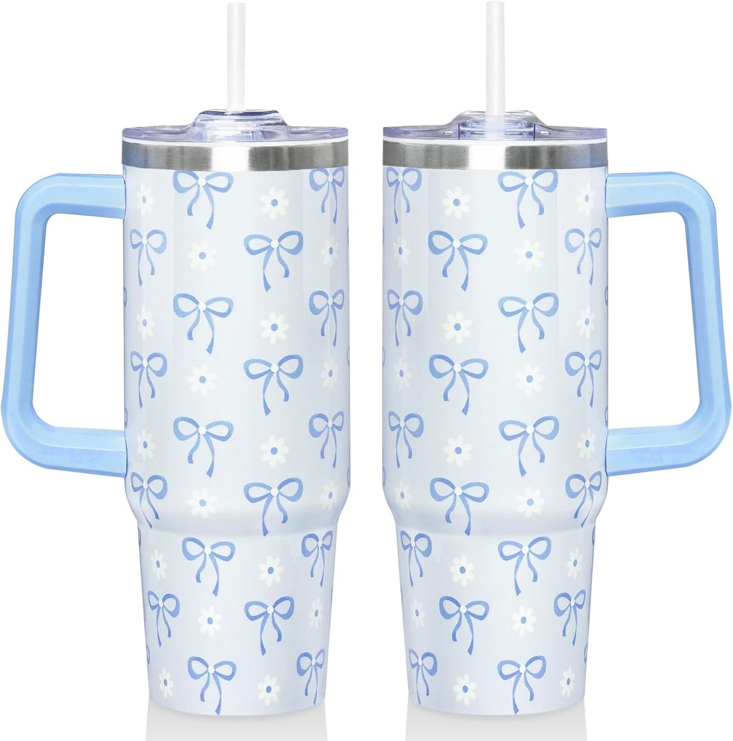 30 Oz Blue Bow Tumbler with Handle and Straw, Insulated Stainless Steel Coffee Travel Cup Mug Water Bottle, Blue Bow Themed Gifts for Women Teen Girl