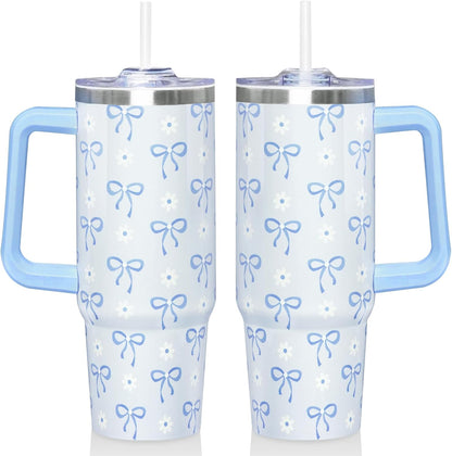 30 Oz Blue Bow Tumbler with Handle and Straw, Insulated Stainless Steel Coffee Travel Cup Mug Water Bottle, Blue Bow Themed Gifts for Women Teen Girl