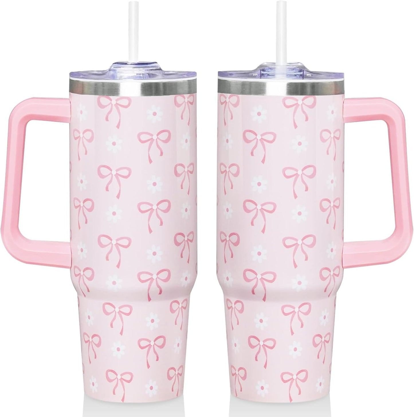 30 Oz Blue Bow Tumbler with Handle and Straw, Insulated Stainless Steel Coffee Travel Cup Mug Water Bottle, Blue Bow Themed Gifts for Women Teen Girl