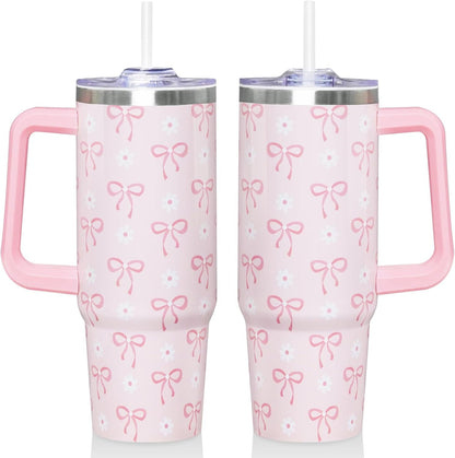 30 Oz Blue Bow Tumbler with Handle and Straw, Insulated Stainless Steel Coffee Travel Cup Mug Water Bottle, Blue Bow Themed Gifts for Women Teen Girl