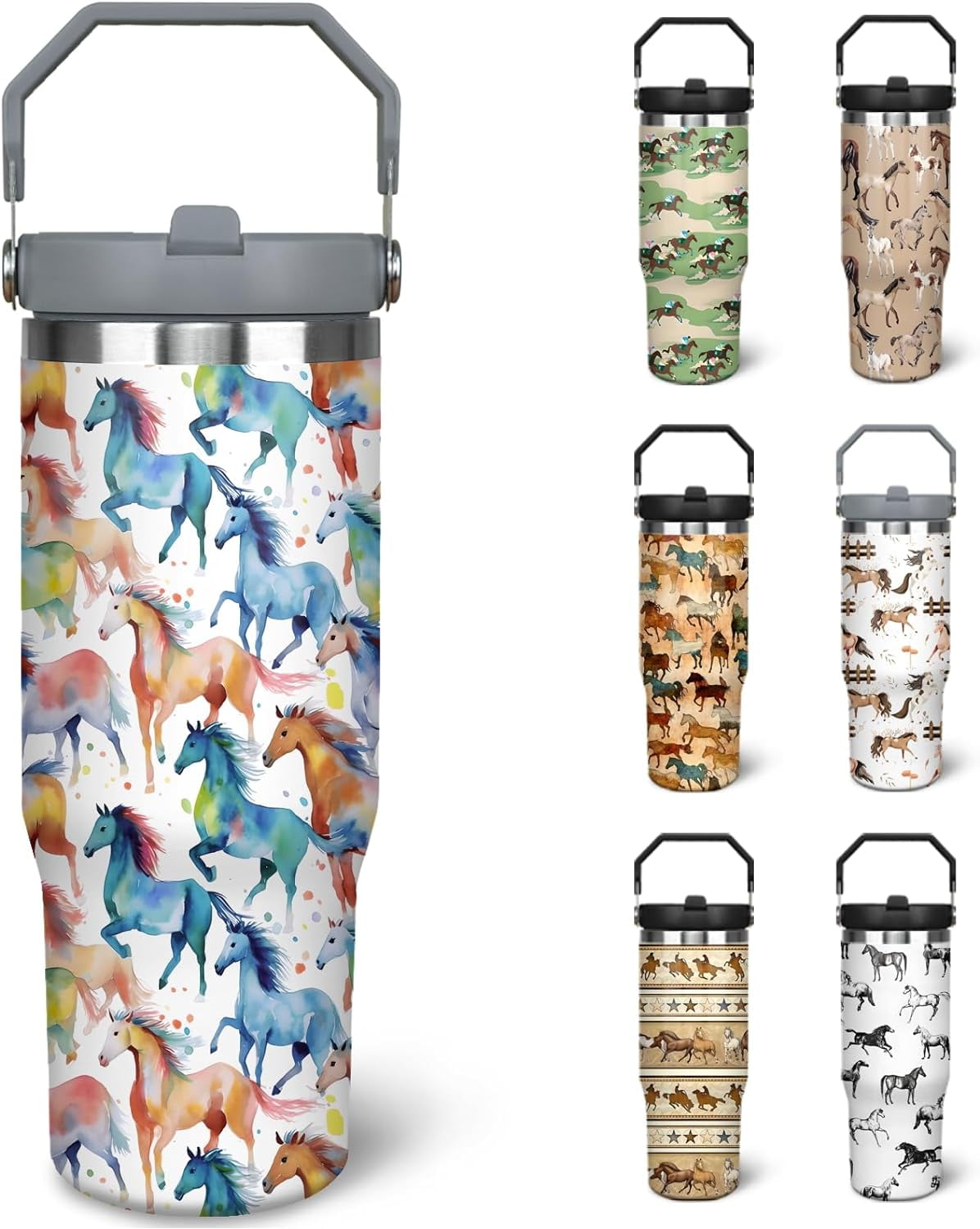 30 oz Horse Tumbler With Handle and Straw, 30oz Horse Flip Straw Tumbler Insulated Coffee Travel Mugs Cup Water Bottle Horse Gifts for Horse Lovers Women Girls