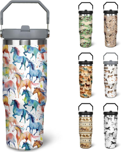 30 oz Horse Tumbler With Handle and Straw, 30oz Horse Flip Straw Tumbler Insulated Coffee Travel Mugs Cup Water Bottle Horse Gifts for Horse Lovers Women Girls