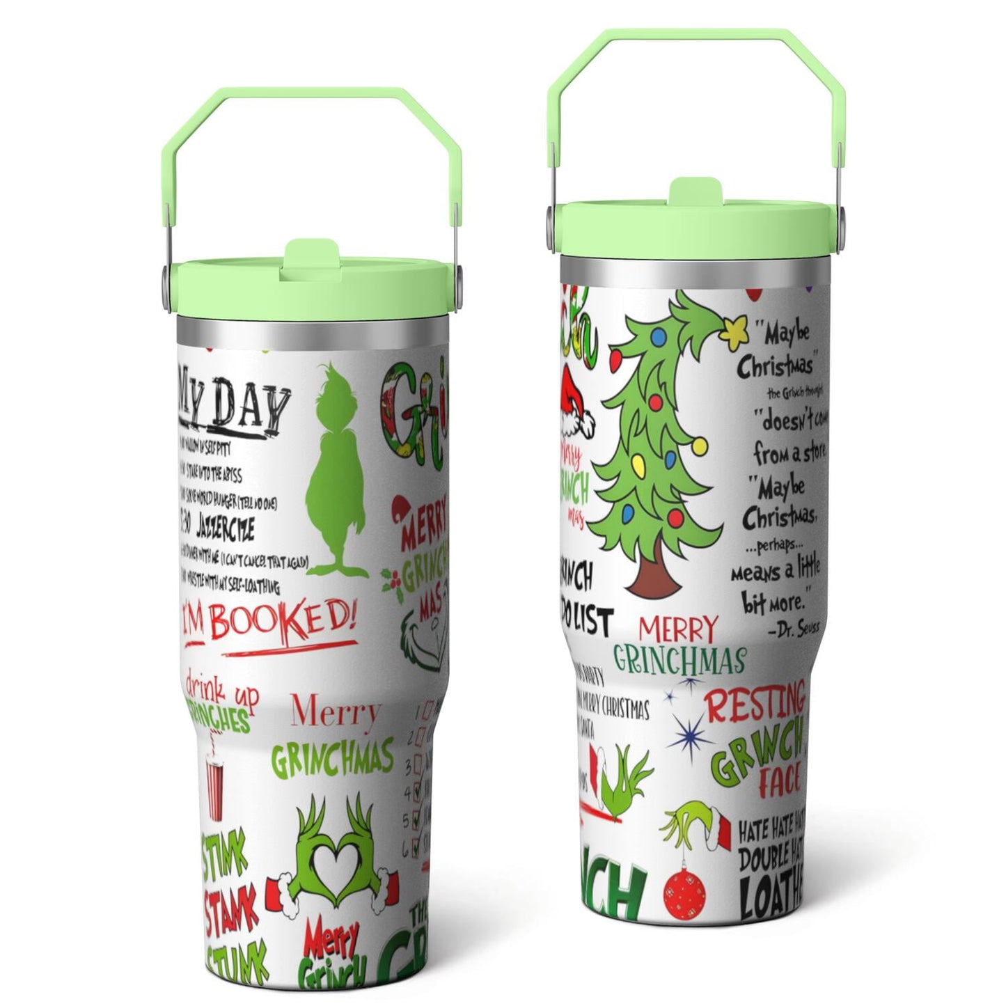 30oz Stainless Steel Tumbler with Lid and Straw,Spill Proof Travel Cup Double Wall Vacuum Insulated Coffee Mug with Top Handle Light-green