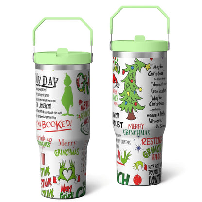 30oz Stainless Steel Tumbler with Lid and Straw,Spill Proof Travel Cup Double Wall Vacuum Insulated Coffee Mug with Top Handle Light-green