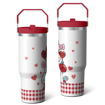 30oz Hello Kawaii Cat Cute Stainless Steel Tumbler with Lid and Straw,Spill Proof Travel Cup Double Wall Vacuum Insulated Coffee Mug with Top Handle Pink