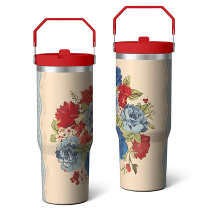 30oz Pioneer Colorful Floral Stainless Steel Flip Straw Tumbler with Lid and Straw Spill Proof Travel Cup Double Wall Vacuum Insulated Coffee Mug with Top Handled Pink