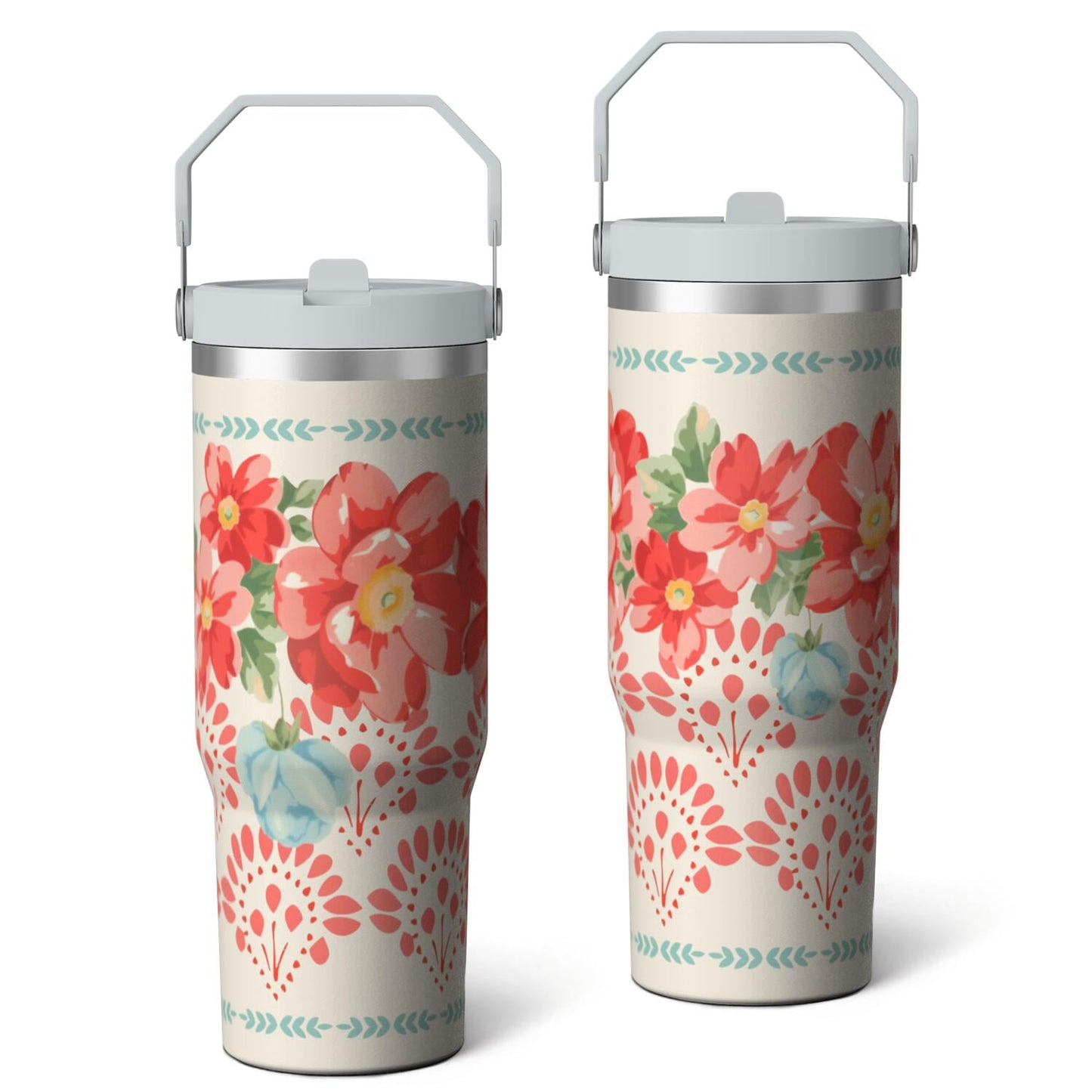 30oz Pioneer Colorful Floral Stainless Steel Flip Straw Tumbler with Lid and Straw Spill Proof Travel Cup Double Wall Vacuum Insulated Coffee Mug with Top Handled White