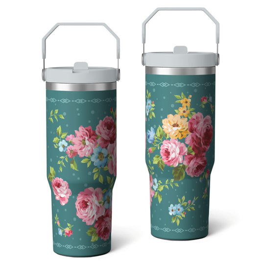 30oz Pioneer Colorful Floral Stainless Steel Flip Straw Tumbler with Lid and Straw Spill Proof Travel Cup Double Wall Vacuum Insulated Coffee Mug with Top Handled White