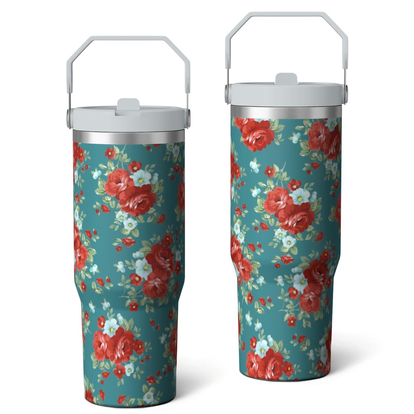 30oz Pioneer Colorful Floral Stainless Steel Flip Straw Tumbler with Lid and Straw Spill Proof Travel Cup Double Wall Vacuum Insulated Coffee Mug with Top Handled White