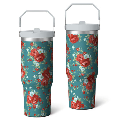 30oz Pioneer Colorful Floral Stainless Steel Flip Straw Tumbler with Lid and Straw Spill Proof Travel Cup Double Wall Vacuum Insulated Coffee Mug with Top Handled White