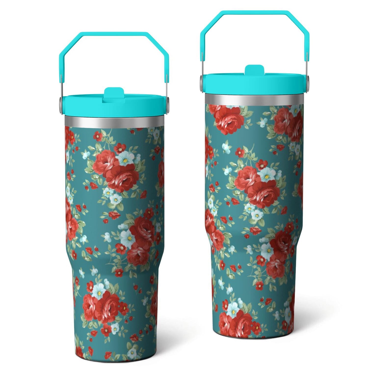 30oz Pioneer Colorful Floral Stainless Steel Flip Straw Tumbler with Lid and Straw Spill Proof Travel Cup Double Wall Vacuum Insulated Coffee Mug with Top Handled Pink