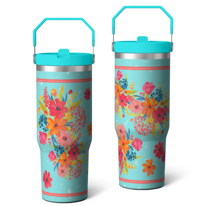30oz Pioneer Colorful Floral Stainless Steel Flip Straw Tumbler with Lid and Straw Spill Proof Travel Cup Double Wall Vacuum Insulated Coffee Mug with Top Handled Pink