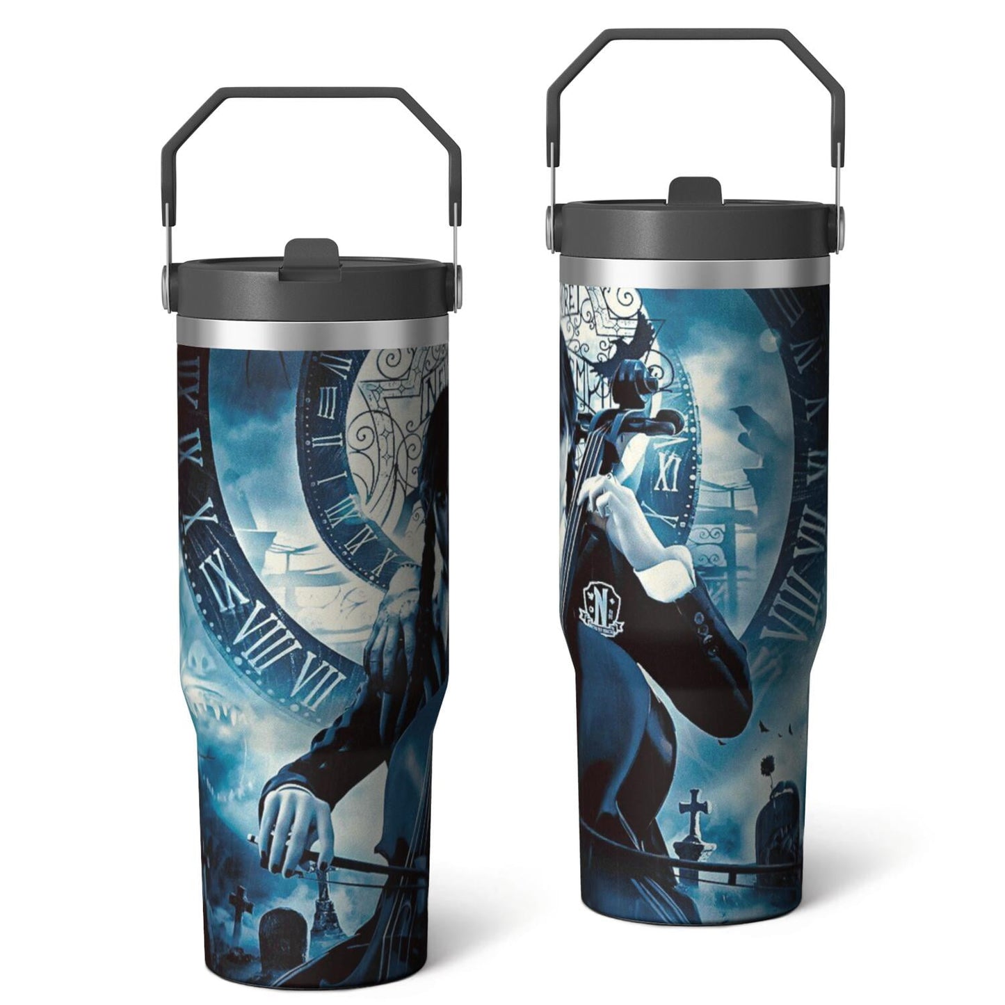 30oz Wednesday Girl Stainless Steel Tumbler with Lid and Straw,Wednesday Stuff Merchandise Spill Proof Travel Cup Double Wall Vacuum Insulated Coffee Mug with Top Handle Black