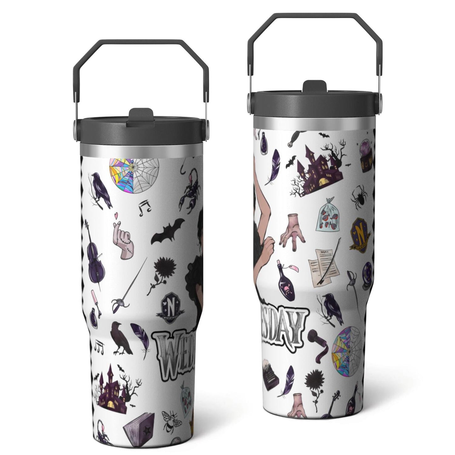 30oz Wednesday Girl Stainless Steel Tumbler with Lid and Straw,Wednesday Stuff Merchandise Spill Proof Travel Cup Double Wall Vacuum Insulated Coffee Mug with Top Handle Black
