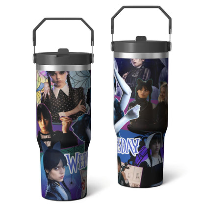 30oz Wednesday Girl Stainless Steel Tumbler with Lid and Straw,Wednesday Stuff Merchandise Spill Proof Travel Cup Double Wall Vacuum Insulated Coffee Mug with Top Handle Black
