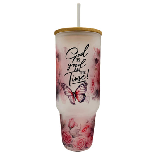 32oz or 40oz God Is Good All The Time custom Sublimation Printed Clear or Frost Glass Tumbler, Mug, Cup with Handle