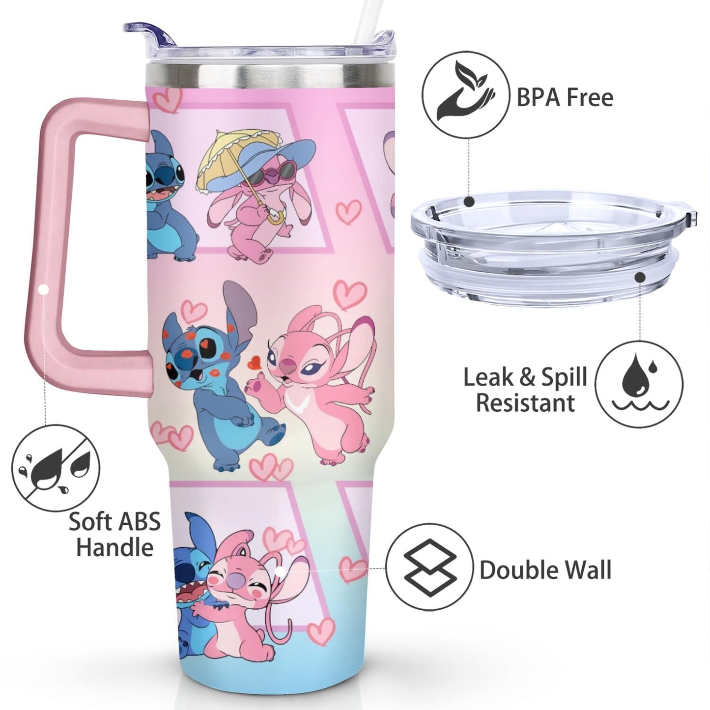 40oz Cartoon Movie Stainless Steel Tumbler with Lid and Straw,Spill Proof Cartoon Travel Cup for Cartoon Lovers Double Wall Vacuum Insulated Coffee Mug with Handle Pink