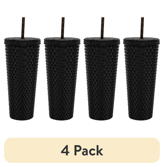 (4 pack) Mainstays 26-Ounce Capacity Plastic Double Wall Insulated Iridescent Textured Tumbler with Straw, Black