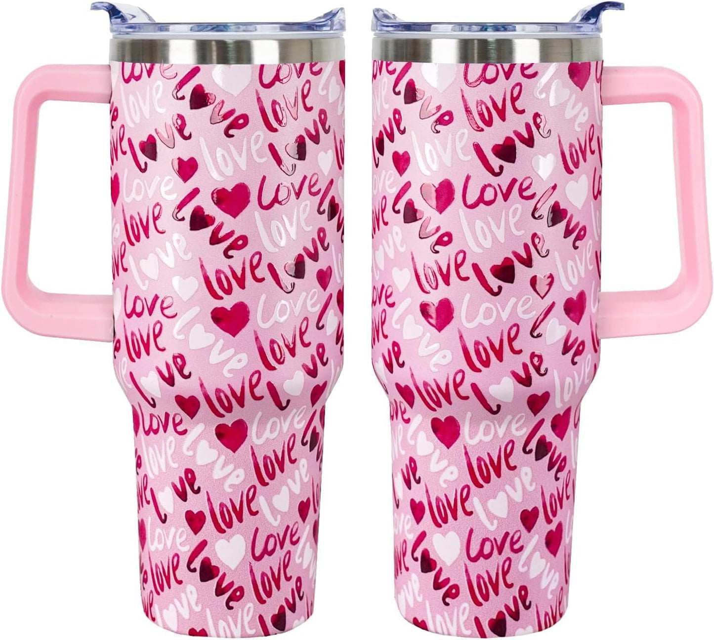 40 Oz Valentines Day Tumbler 3d-Printed Pink Love Tumbler Gifts for Couple Women Men Insulated Travel Cup with Handle Lid and Straw