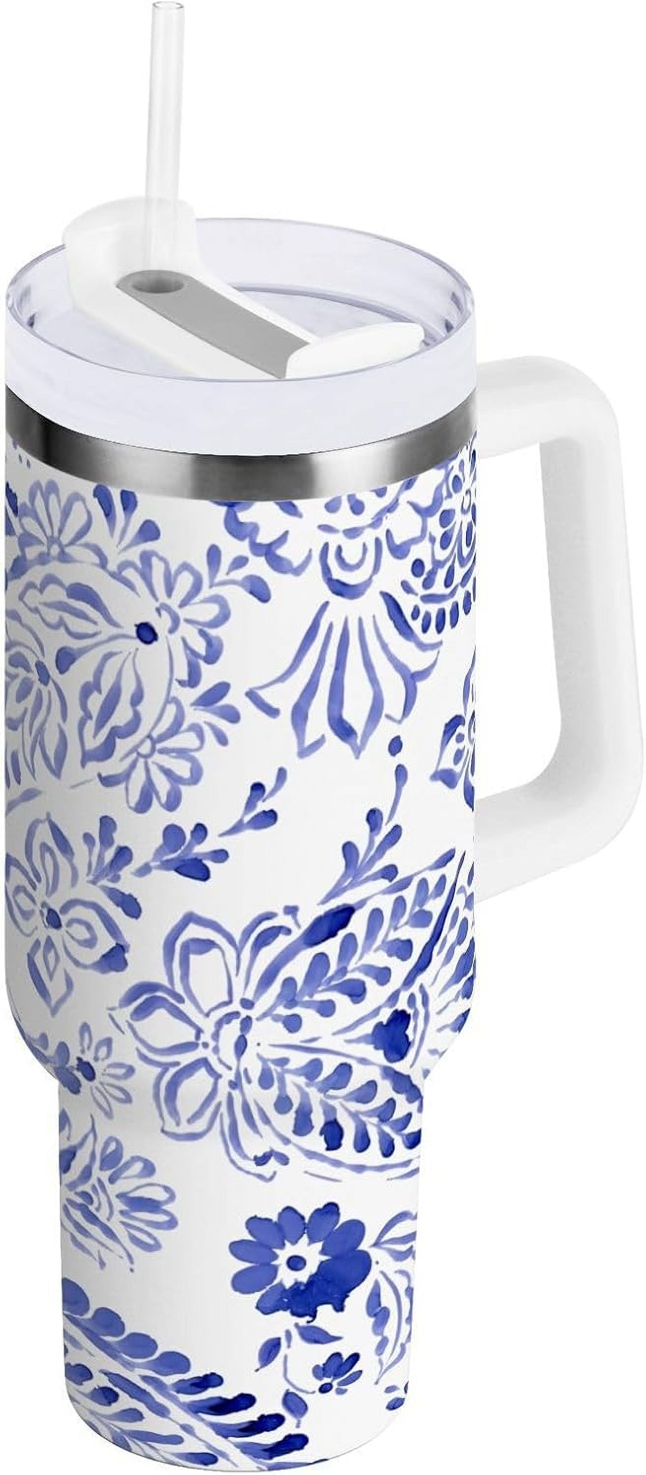 40 oz Tumbler with Handle Lid and Straw Insulated Water Tumbler Stainless Steel Water Cup Mug Bottle Reusable Cup Holder Friendly Polka Dot White