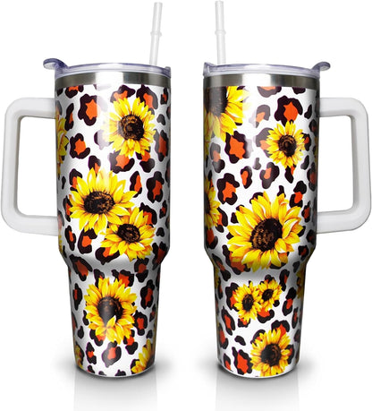 40 oz Tumbler with Handle and Straw Lid, Purple Butterfly Insulated Cup, Double Vacuum Leak Proof Coffee Travel Mug, Flower Stainless Steel Water Bottle Gifts for Women Girls