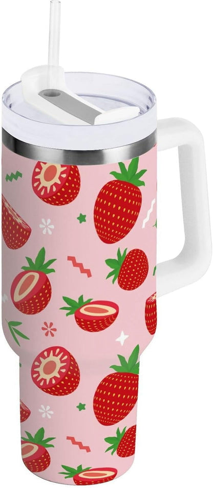 40 oz Tumbler with Handle Lid and Straw Insulated Water Tumbler Stainless Steel Water Cup Mug Bottle Reusable Cup Holder Friendly Polka Dot White