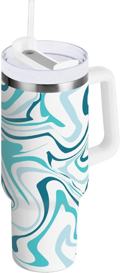 40 oz Tumbler with Handle Lid and Straw Insulated Water Tumbler Stainless Steel Water Cup Mug Bottle Reusable Cup Holder Friendly Polka Dot White