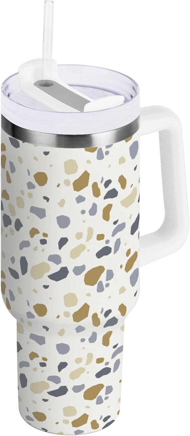 40 oz Tumbler with Handle Lid and Straw Insulated Water Tumbler Stainless Steel Water Cup Mug Bottle Reusable Cup Holder Friendly Polka Dot White