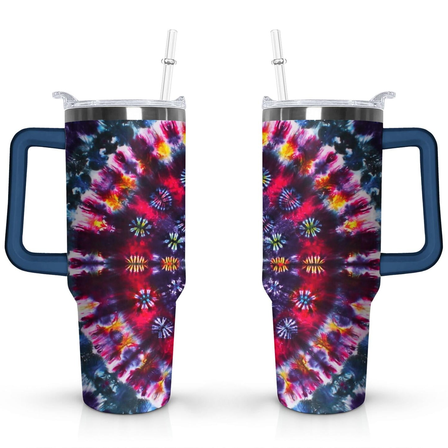40oz Boho Tie Dye Stainless Steel Flip Straw Tumbler Spill Proof Travel Cup Double Wall Vacuum Insulated Coffee Mug with Top Handle