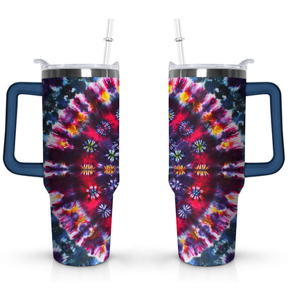 40oz Boho Tie Dye Stainless Steel Flip Straw Tumbler Spill Proof Travel Cup Double Wall Vacuum Insulated Coffee Mug with Top Handle