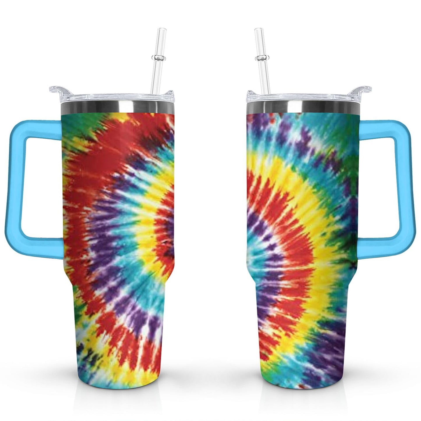 40oz Boho Tie Dye Stainless Steel Flip Straw Tumbler Spill Proof Travel Cup Double Wall Vacuum Insulated Coffee Mug with Top Handle