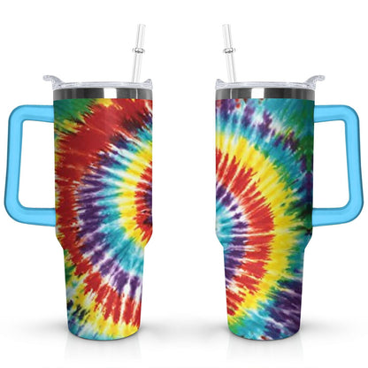 40oz Boho Tie Dye Stainless Steel Flip Straw Tumbler Spill Proof Travel Cup Double Wall Vacuum Insulated Coffee Mug with Top Handle
