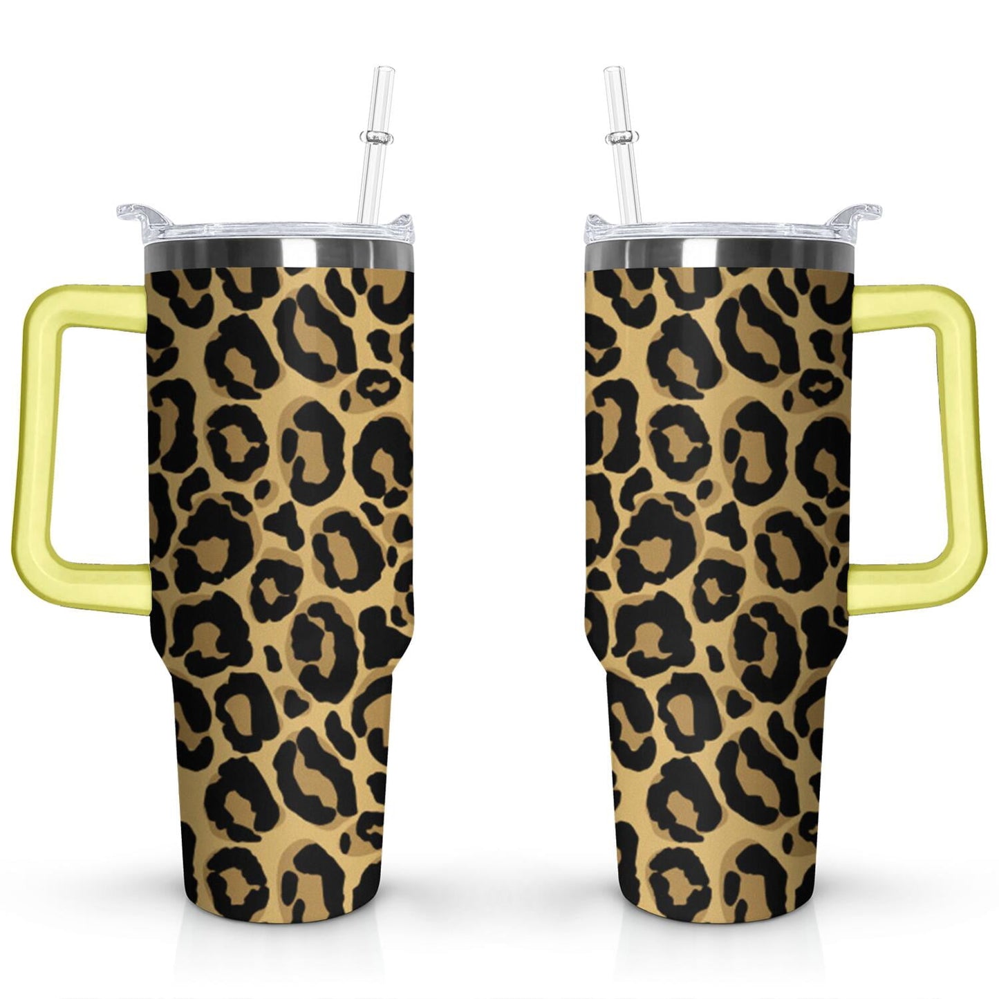40oz Fashion Leopard Pattern Stainless Steel Flip Straw Tumbler Spill Proof Travel Cup Double Wall Vacuum Insulated Coffee Mug with Top Handle
