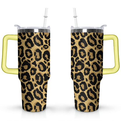 40oz Fashion Leopard Pattern Stainless Steel Flip Straw Tumbler Spill Proof Travel Cup Double Wall Vacuum Insulated Coffee Mug with Top Handle