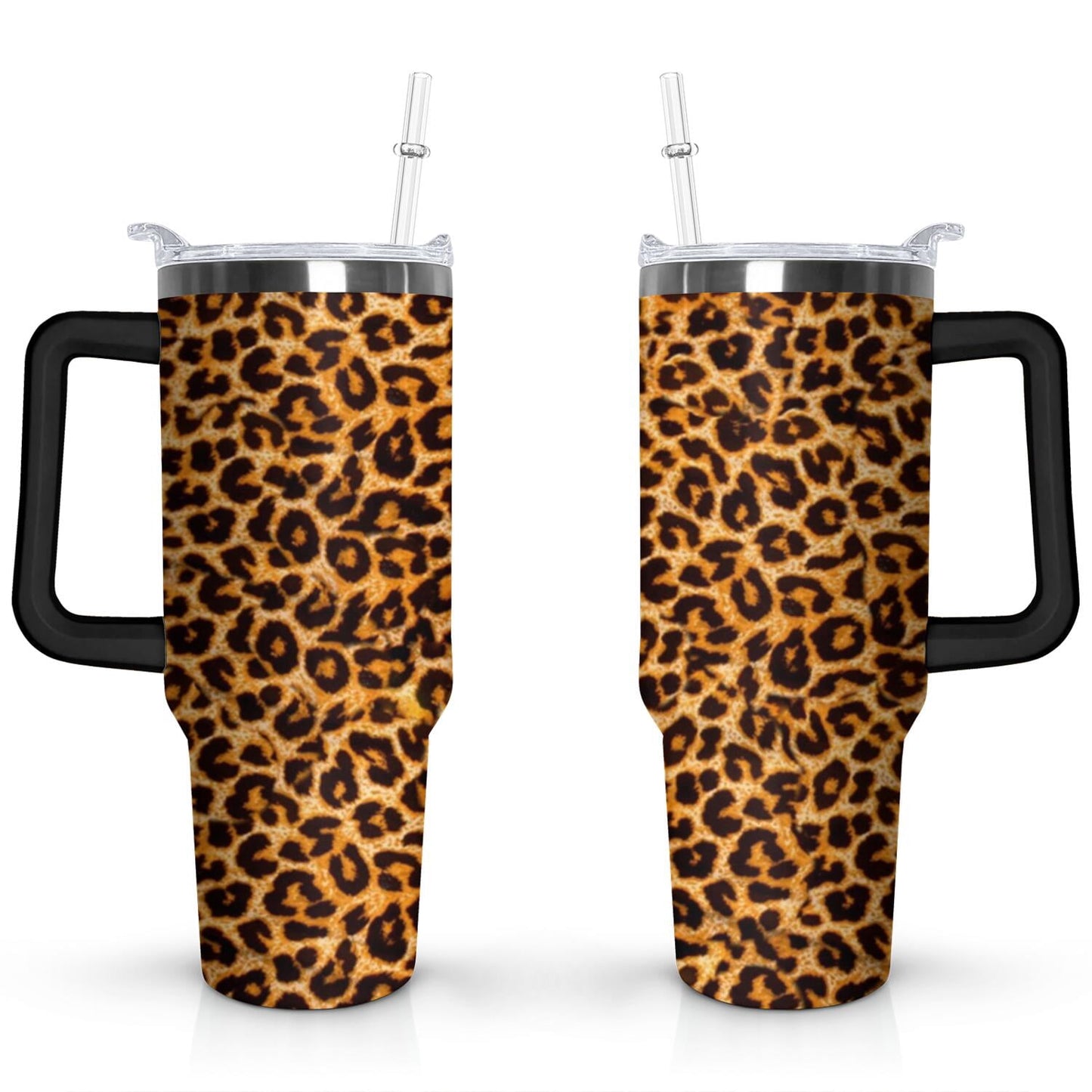 40oz Fashion Leopard Pattern Stainless Steel Flip Straw Tumbler Spill Proof Travel Cup Double Wall Vacuum Insulated Coffee Mug with Top Handle