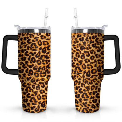 40oz Fashion Leopard Pattern Stainless Steel Flip Straw Tumbler Spill Proof Travel Cup Double Wall Vacuum Insulated Coffee Mug with Top Handle